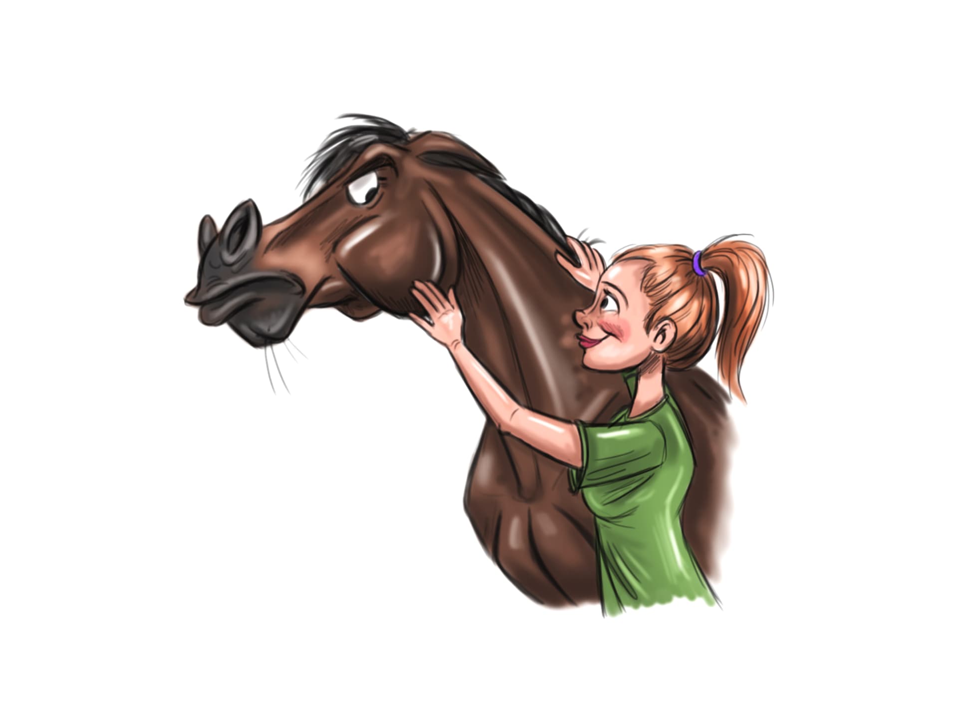 A girl standing beside a horse, drawn in the Equimotional illustration style