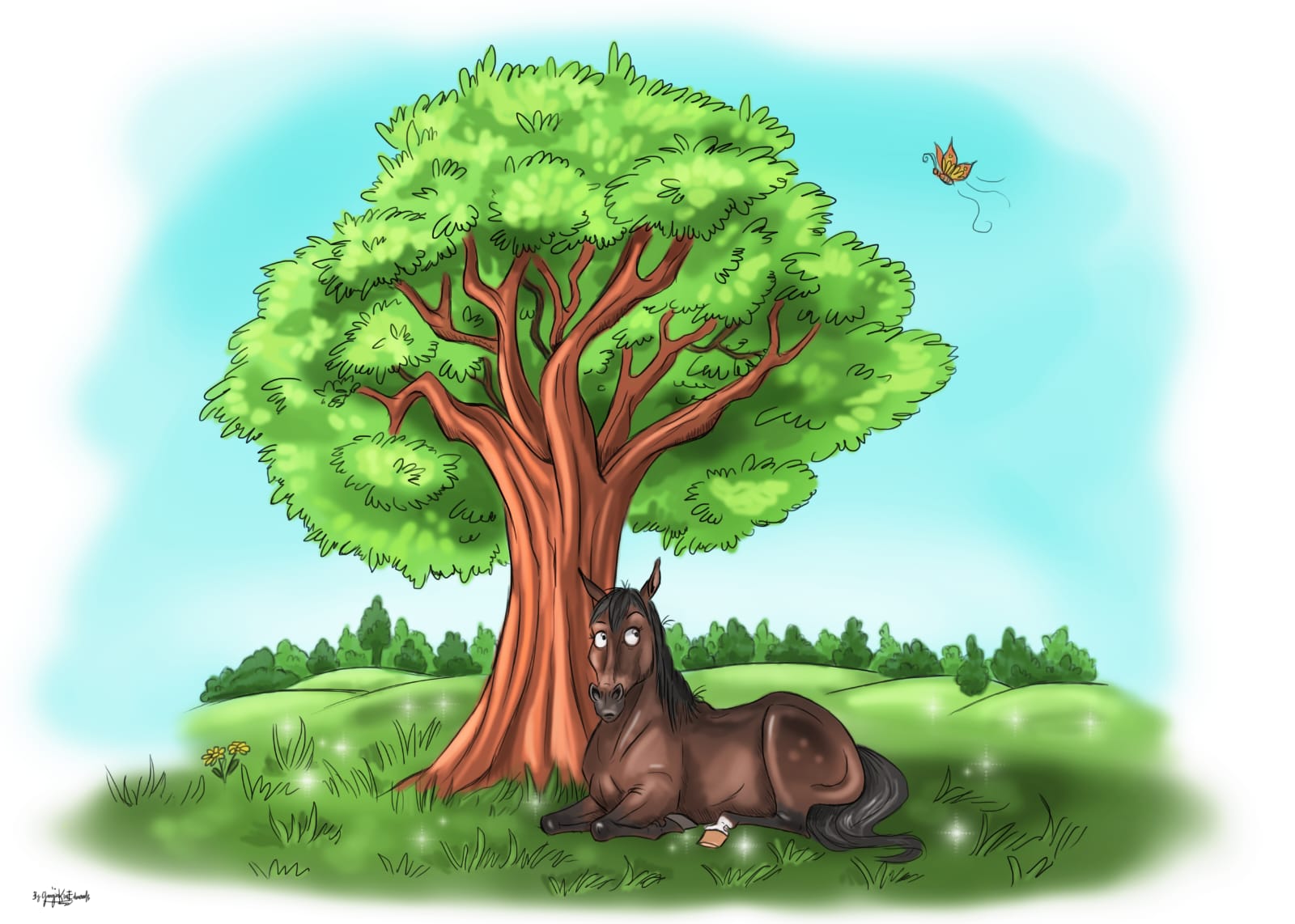 A cartoon horse standing beneath a huge willow tree