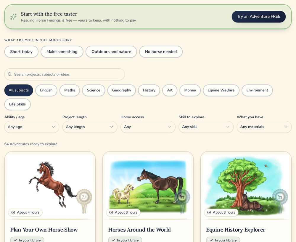 The Adventure library with search, subject filters and Adventure cards showing horse illustrations.