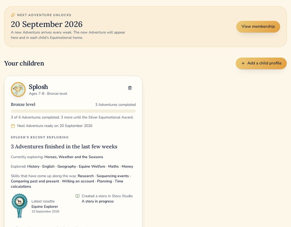 The parent dashboard showing the gold Next Adventure unlocks banner and a child card with progress and recent learning.