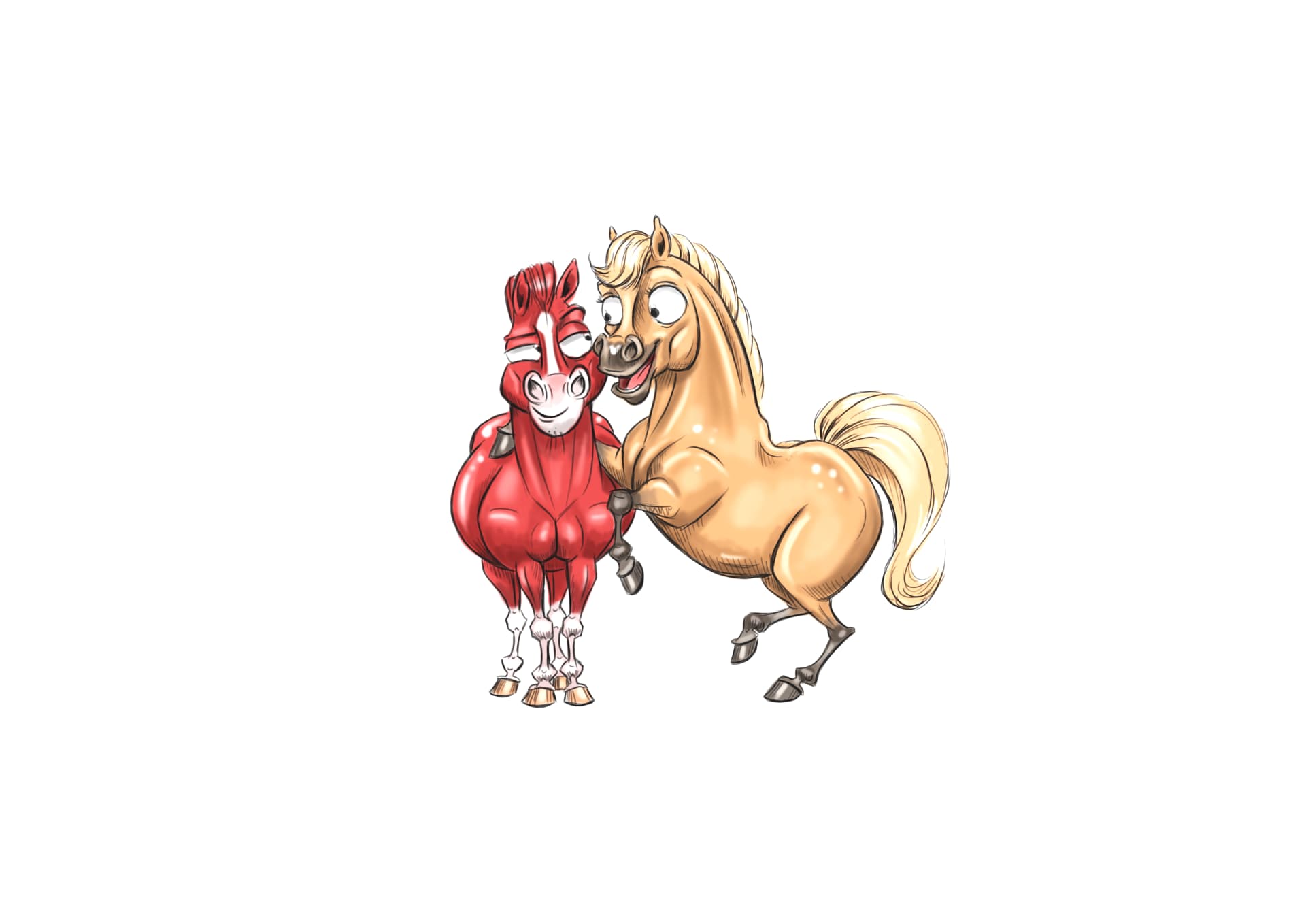 A tall cartoon horse and a smaller pony greeting each other in a field