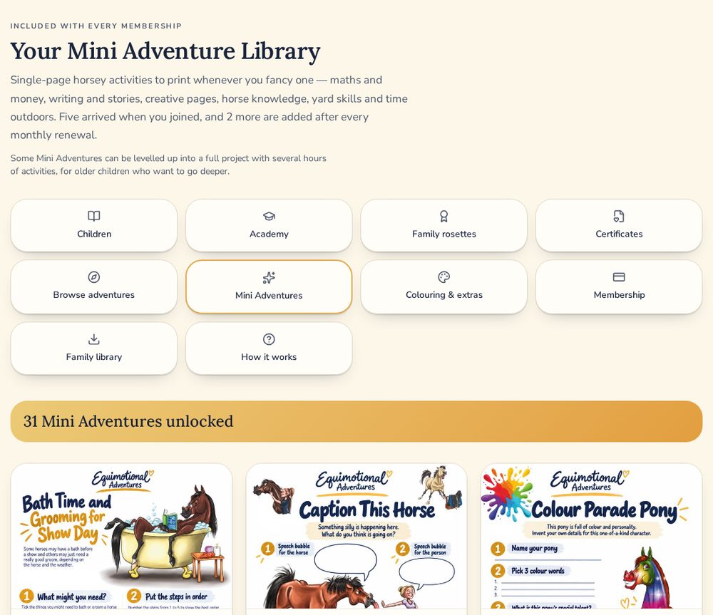 The Mini Adventure library showing how many are unlocked and single-page activity covers.