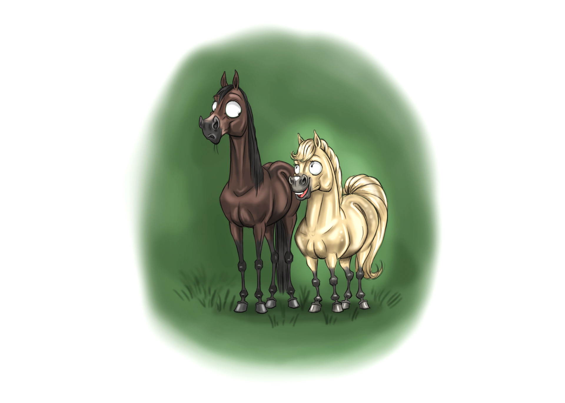 Two cartoon horses standing together in a sunlit clearing