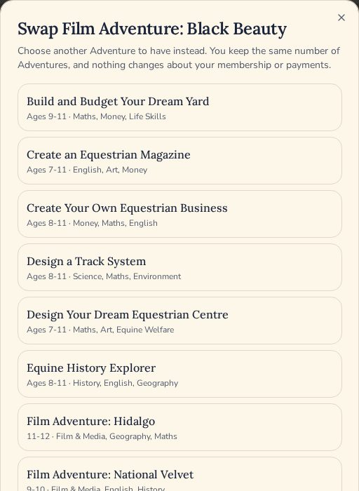 The swap window listing other Adventures to choose instead, each with its age range and subjects.
