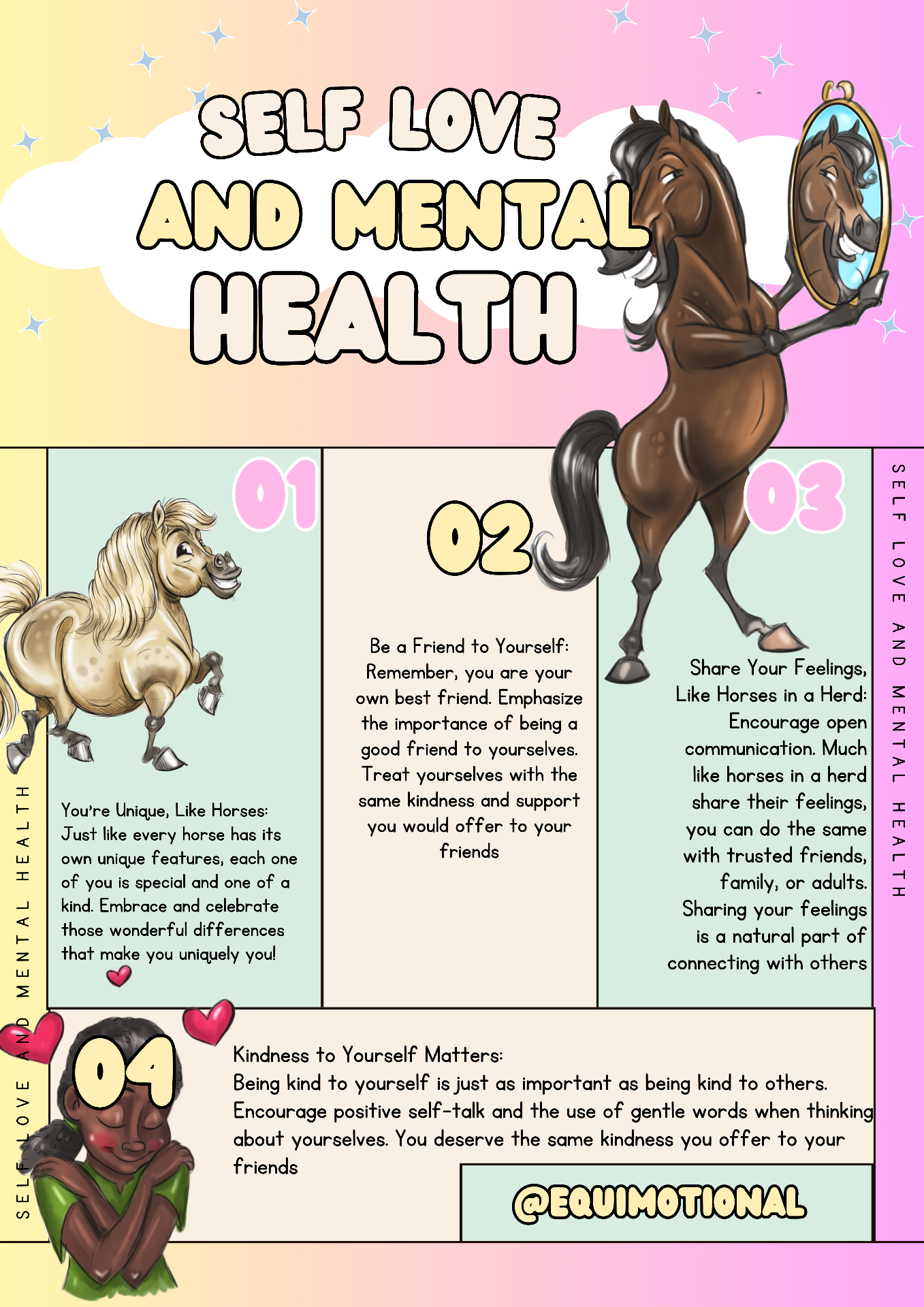 Self Love and Mental Health poster: four horse-themed reminders about being kind to yourself