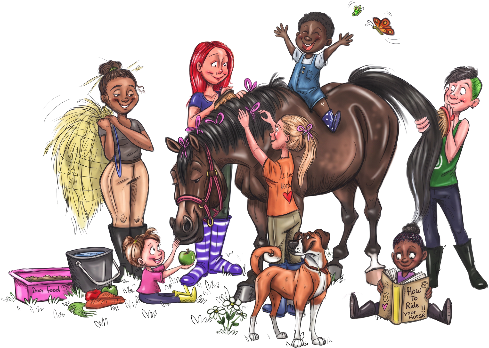 Illustration of children grooming, feeding and reading around a friendly horse